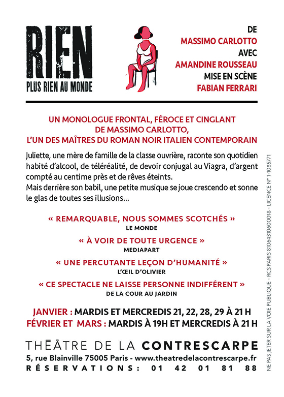 Affiche: Rien, plus rien au monde. de Massimo Carlotto avec Amandine Rousseau dans une mise en sc�ne de Fabian Ferrari, dessin de Alfred
